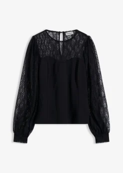 bonprix bonprix Camisa de manga larga con encaje Negro