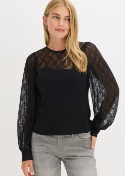 bonprix bonprix Camisa de manga larga con encaje Negro