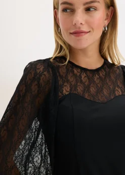 bonprix bonprix Camisa de manga larga con encaje Negro