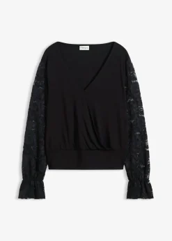 bonprix bonprix Camisa de manga larga con encaje Negro Sale