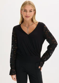 bonprix bonprix Camisa de manga larga con encaje Negro Sale