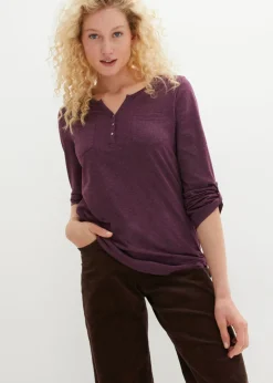 bonprix bonprix Camisa henley de algodón con botones Morado intenso jaspeado Online