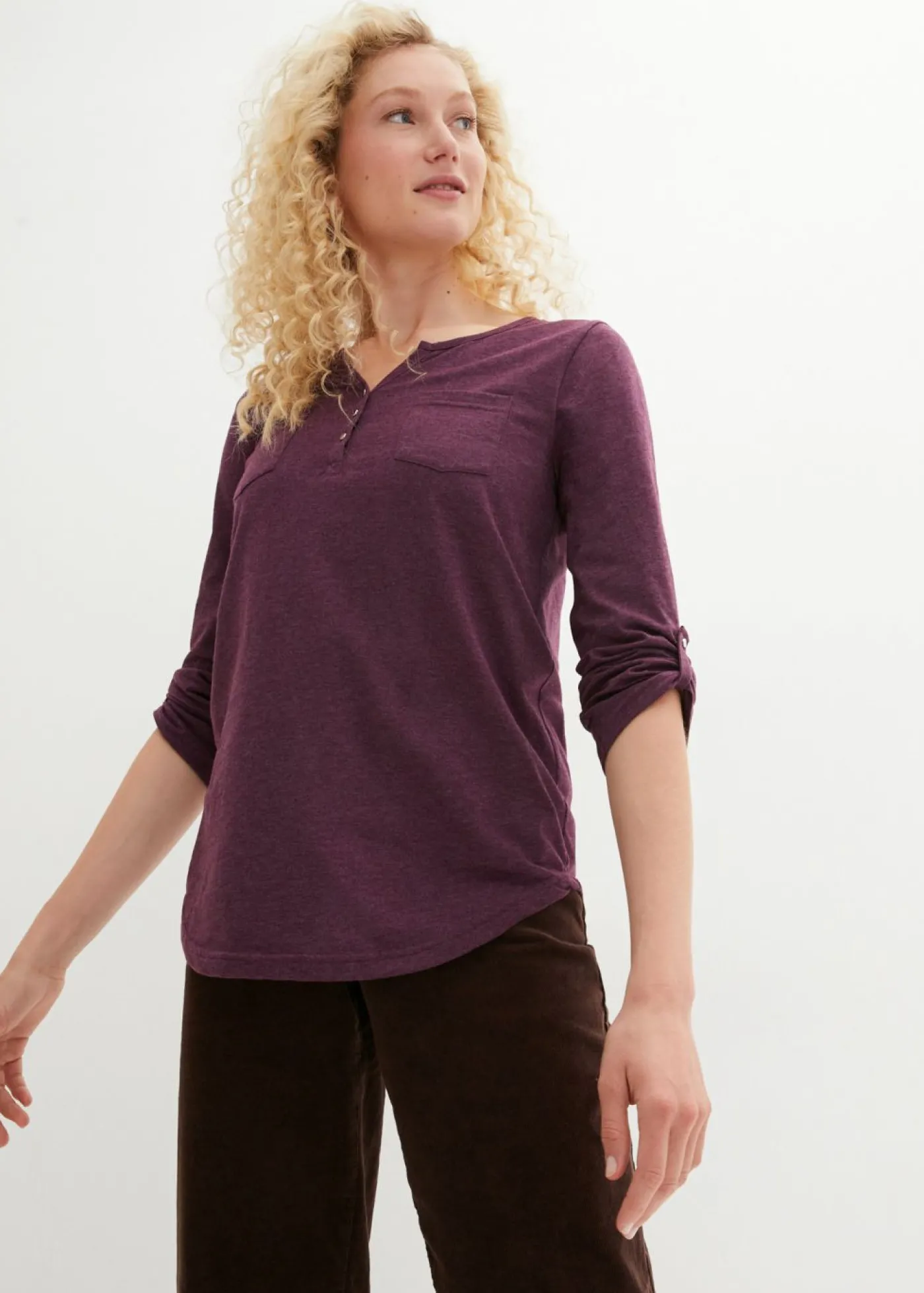 bonprix bonprix Camisa henley de algodón con botones Morado intenso jaspeado Online