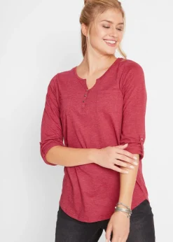 bonprix bonprix Camisa henley de algodón con botones Rojo jaspeado Online