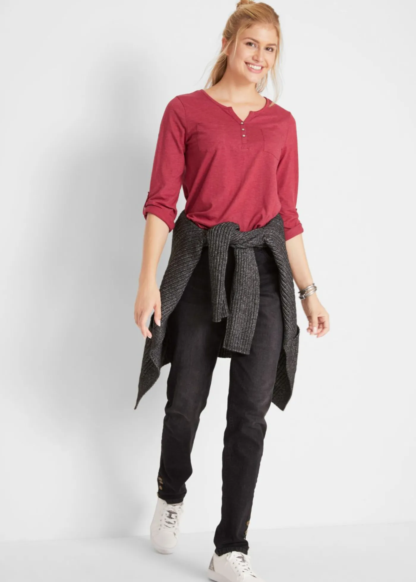 bonprix bonprix Camisa henley de algodón con botones Rojo jaspeado Online