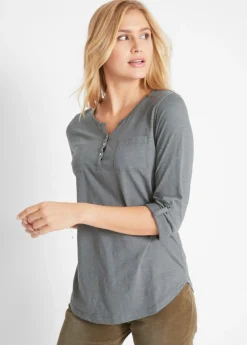 bonprix bonprix Camisa henley de algodón con botones Gris humo jaspeado Sale