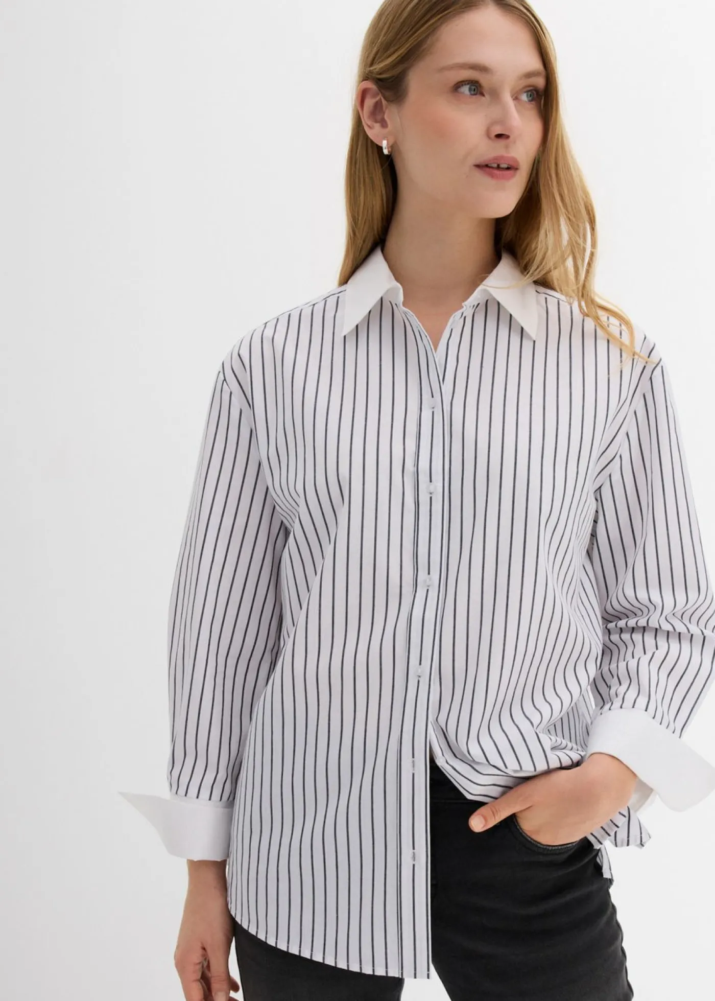bonprix bonprix Camisa holgada de algodón puro Blanco-azul marino con rayas Best
