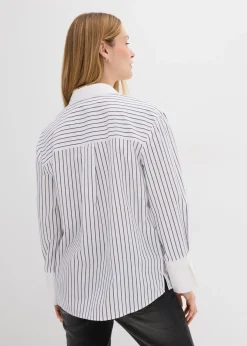 bonprix bonprix Camisa holgada de algodón puro Blanco-azul marino con rayas Best