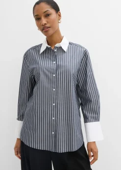 bonprix bonprix Camisa holgada de algodón puro Azul marino-blanco de rayas Clearance