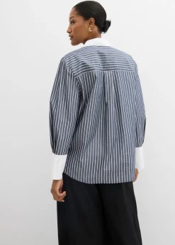 bonprix bonprix Camisa holgada de algodón puro Azul marino-blanco de rayas Clearance