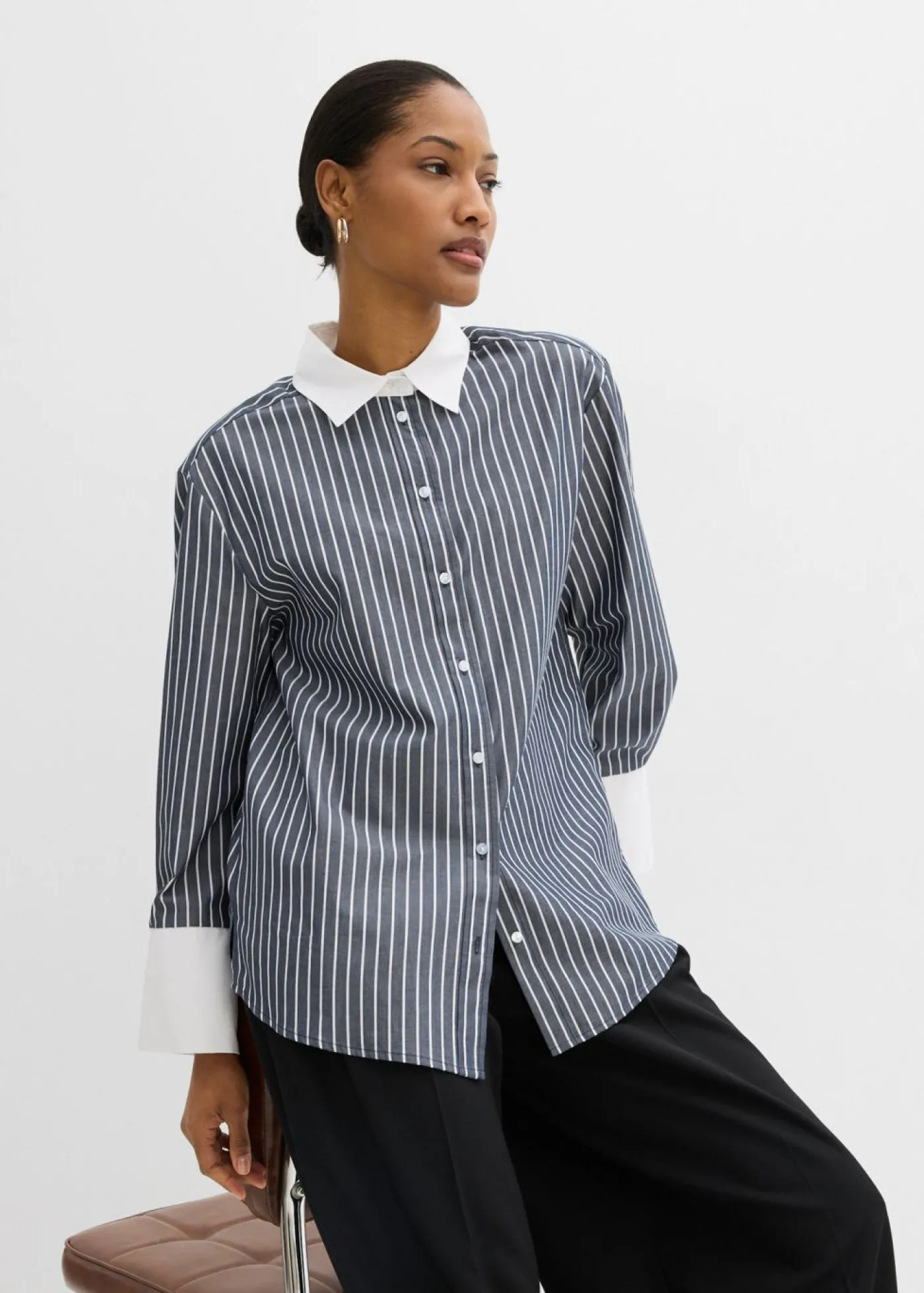 bonprix bonprix Camisa holgada de algodón puro Azul marino-blanco de rayas Clearance