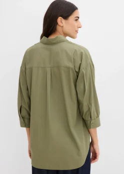 bonprix bonprix Camisa oversize de algodón con mangas 3/4 Verde oliva Clearance