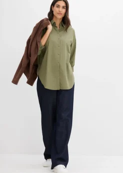 bonprix bonprix Camisa oversize de algodón con mangas 3/4 Verde oliva Clearance