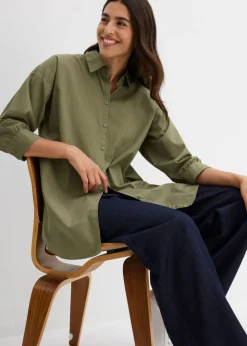 bonprix bonprix Camisa oversize de algodón con mangas 3/4 Verde oliva Clearance