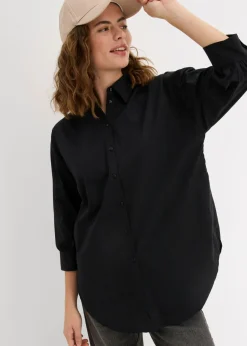 bonprix bonprix Camisa oversize de algodón con mangas 3/4 Negro Online