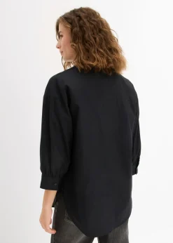 bonprix bonprix Camisa oversize de algodón con mangas 3/4 Negro Online