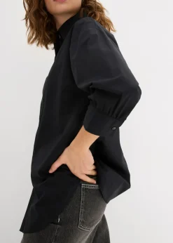 bonprix bonprix Camisa oversize de algodón con mangas 3/4 Negro Online