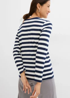 bonprix bonprix Camiseta a rayas de algodón orgánico puro azul marino/blanco lana con rayas