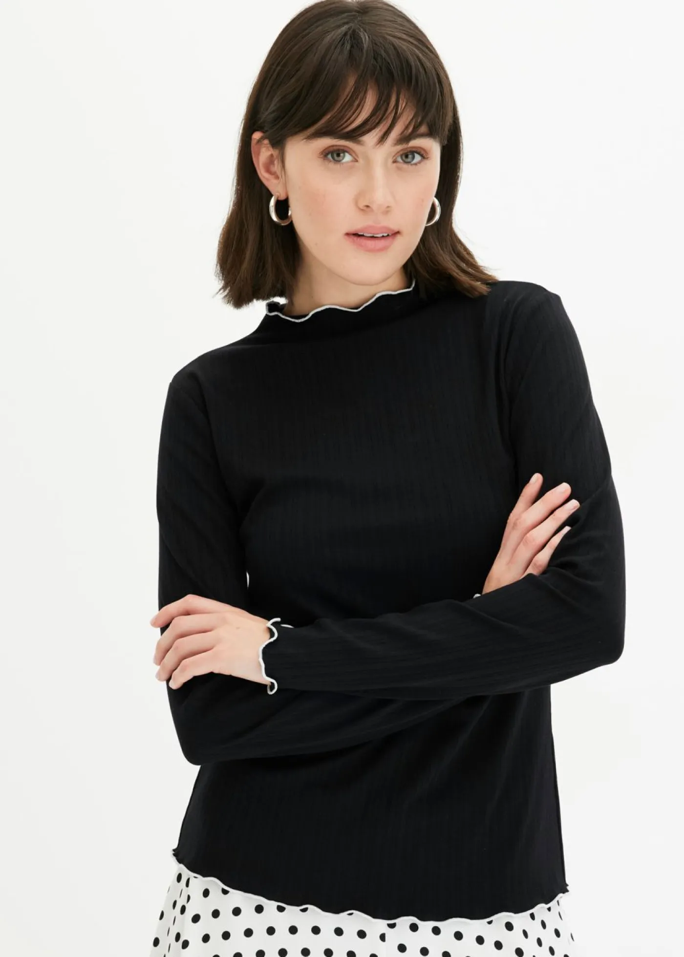 bonprix bonprix Camiseta acanalada de manga larga Negro-blanco lana Sale
