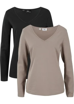 bonprix bonprix Camiseta ajustada de manga larga (2 unidades) Marrón grisáceo/negro