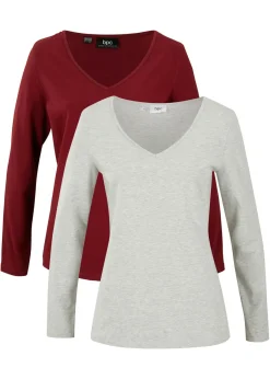 bonprix bonprix Camiseta ajustada de manga larga (2 unidades) rubí / gris claro moteado Clearance