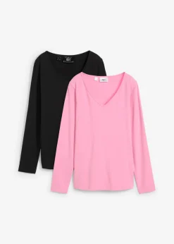 bonprix bonprix Camiseta ajustada de manga larga (2 unidades) Rosa orquídea+negro Clearance