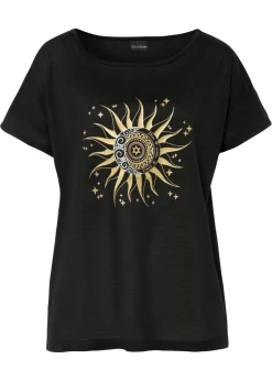 bonprix bonprix Camiseta con abertura Negro estampado