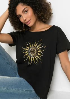 bonprix bonprix Camiseta con abertura Negro estampado