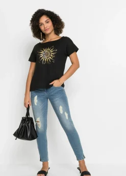 bonprix bonprix Camiseta con abertura Negro estampado