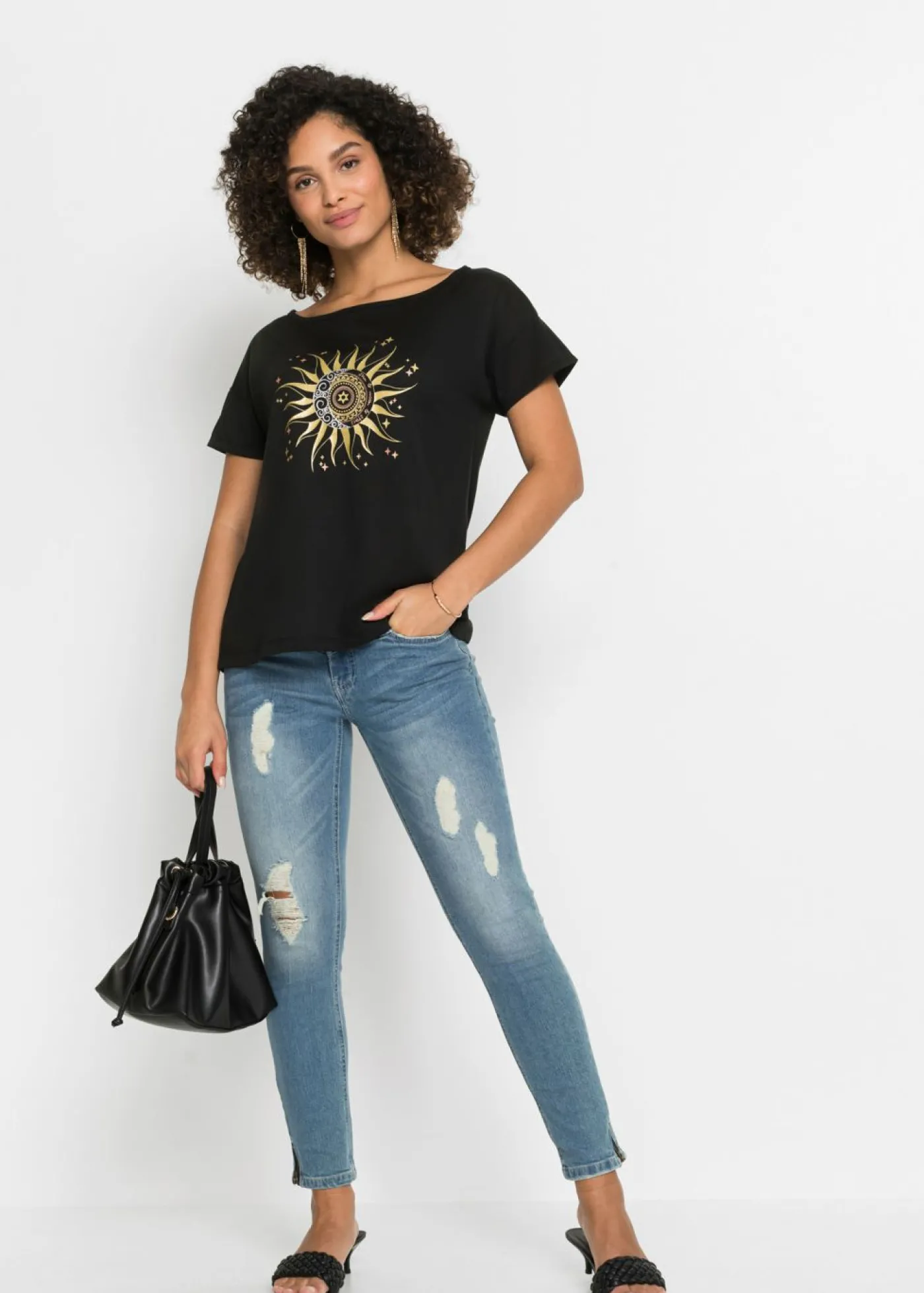 bonprix bonprix Camiseta con abertura Negro estampado
