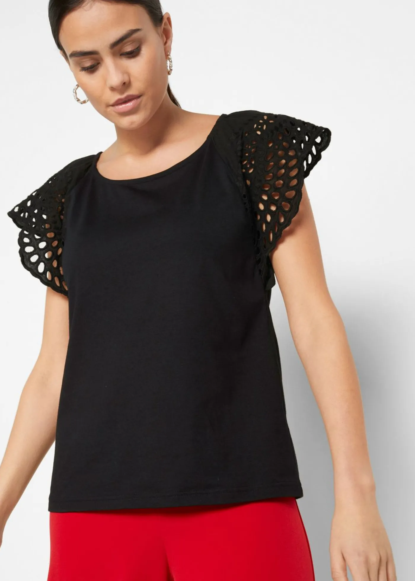 bonprix bonprix Camiseta con bordado calado Negro Outlet