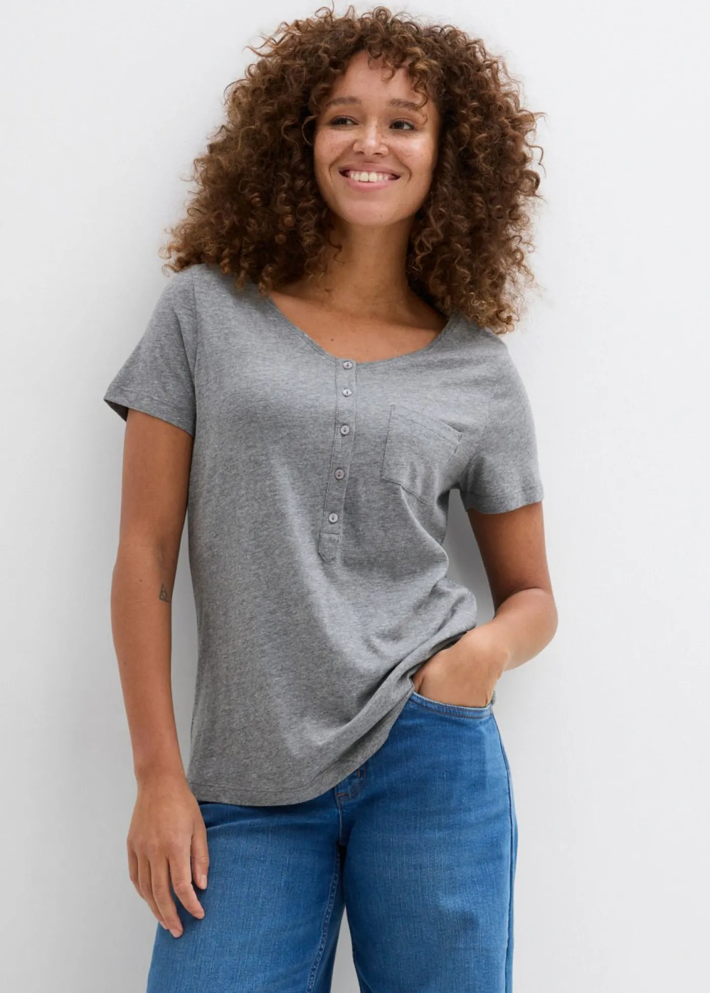 bonprix bonprix Camiseta con botones Gris jaspeado Sale