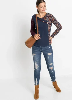 bonprix bonprix Camiseta con botones de viscosa sostenible Azul marino Sale