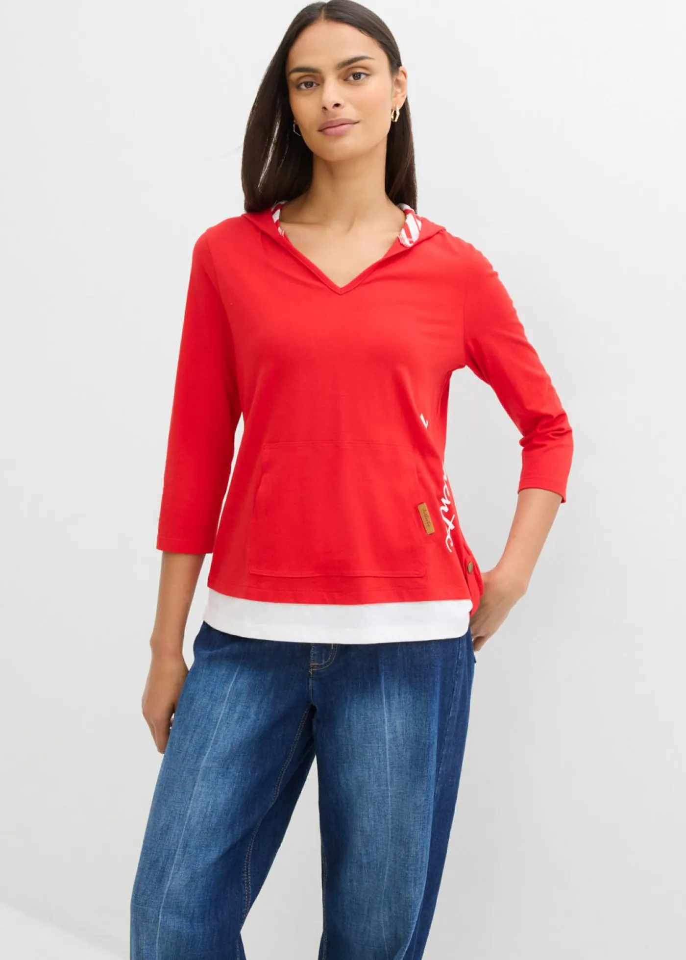 bonprix bonprix Camiseta con capucha de algodón puro con mangas 3/4 fresa Online
