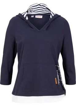 bonprix bonprix Camiseta con capucha de algodón puro con mangas 3/4 Azul marino estampado Outlet