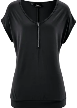 bonprix bonprix Camiseta con cremallera en el cuello Negro Clearance