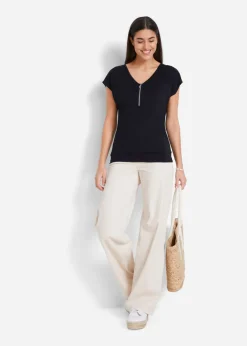 bonprix bonprix Camiseta con cremallera en el cuello Negro Clearance