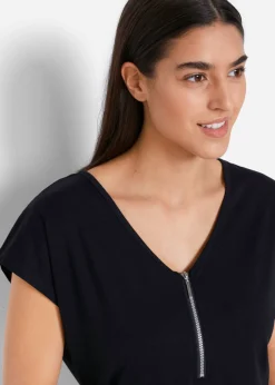 bonprix bonprix Camiseta con cremallera en el cuello Negro Clearance