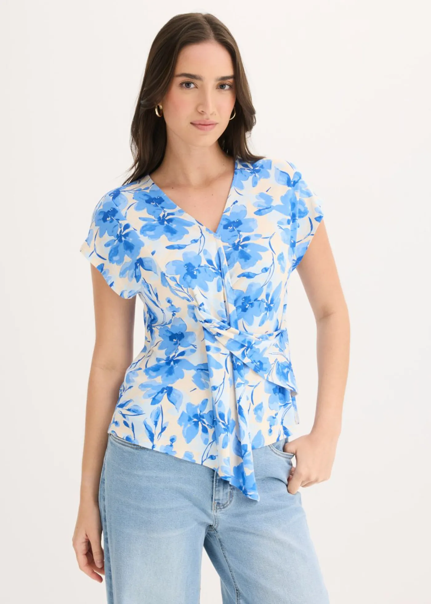 bonprix bonprix Camiseta con detalle de nudo Azul con flores Sale