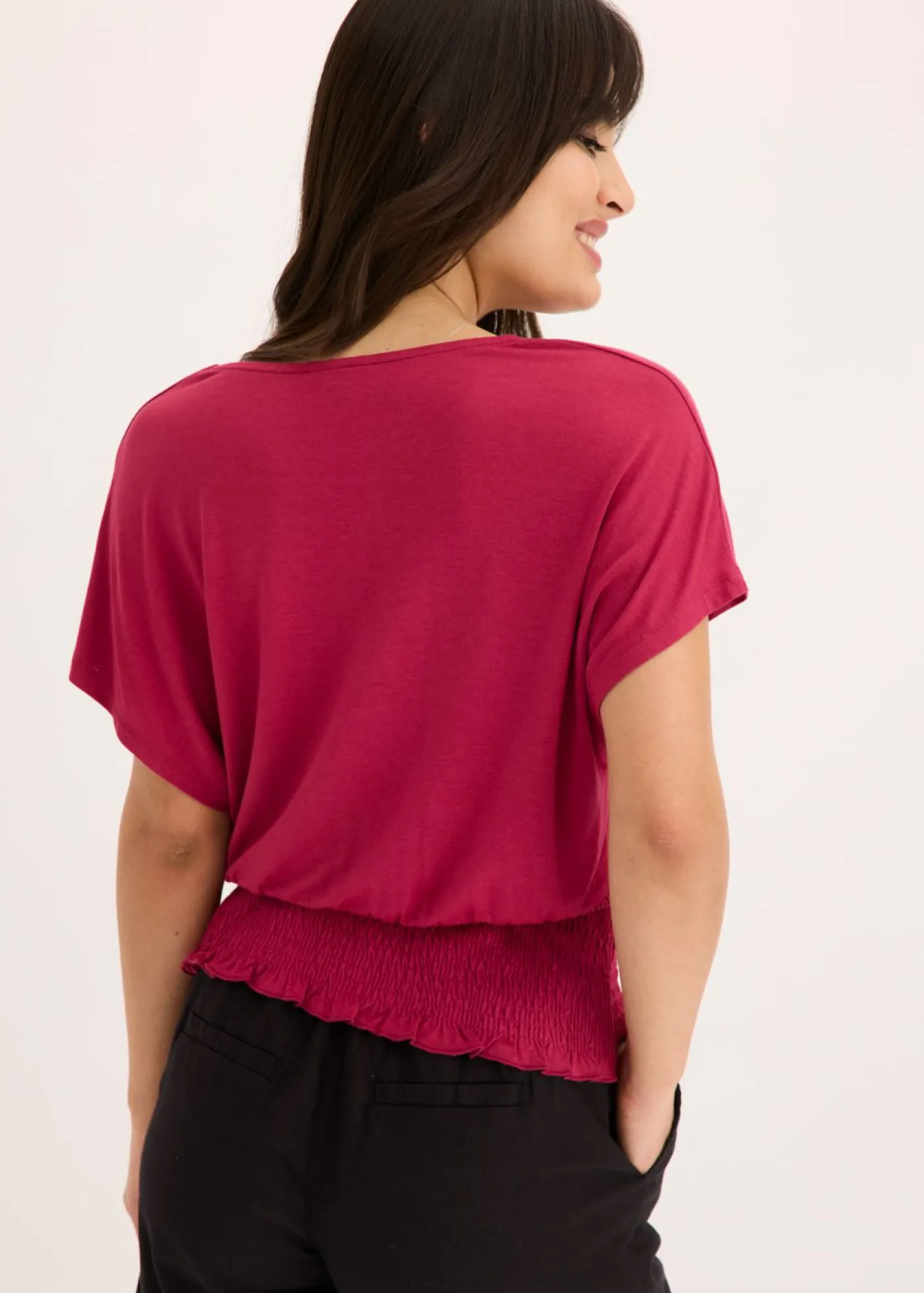 bonprix bonprix Camiseta con dobladillo de nido de abeja Rojo sangría Outlet