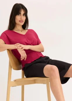 bonprix bonprix Camiseta con dobladillo de nido de abeja Rojo sangría Outlet