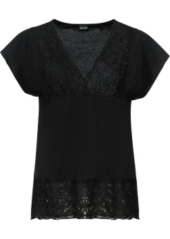 bonprix bonprix Camiseta con encaje en el escote Negro Discount