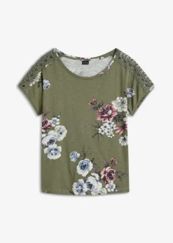 bonprix bonprix Camiseta con encaje estampada Verde oliva de flores