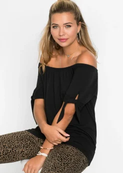 bonprix bonprix Camiseta con escote bañera y detalle de lazo Negro Hot