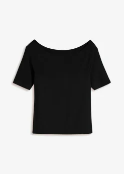 bonprix bonprix Camiseta con escote bañera en mezcla de viscosa Negro New
