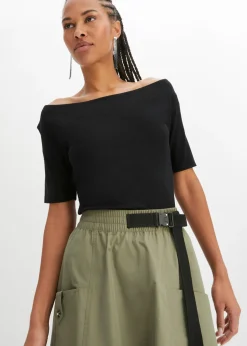 bonprix bonprix Camiseta con escote bañera en mezcla de viscosa Negro New