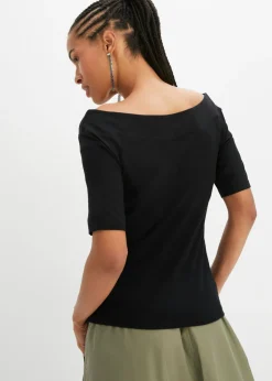 bonprix bonprix Camiseta con escote bañera en mezcla de viscosa Negro New