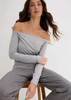 bonprix bonprix Camiseta con escote bañera de punto ligero gris sombra Hot