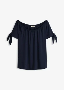 bonprix bonprix Camiseta con escote bañera y detalle de lazo Azul marino Clearance