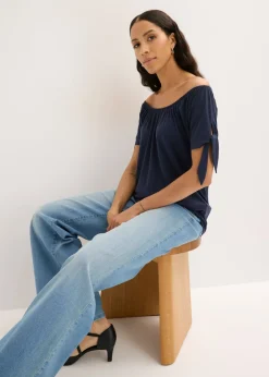 bonprix bonprix Camiseta con escote bañera y detalle de lazo Azul marino Clearance